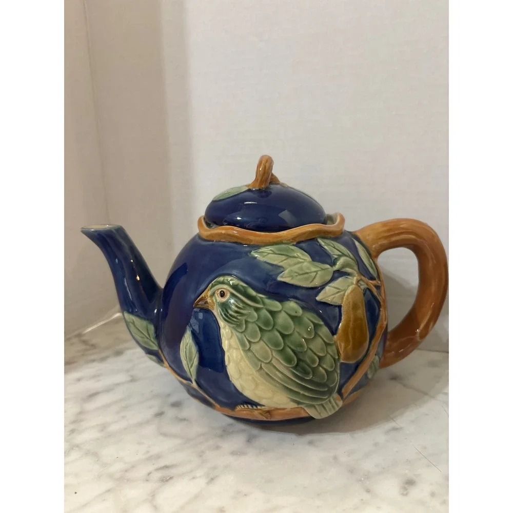 Vtg Majolica Blue Green Partridge and Pear Ceramic Teapot Creamer Sugar 5 pc